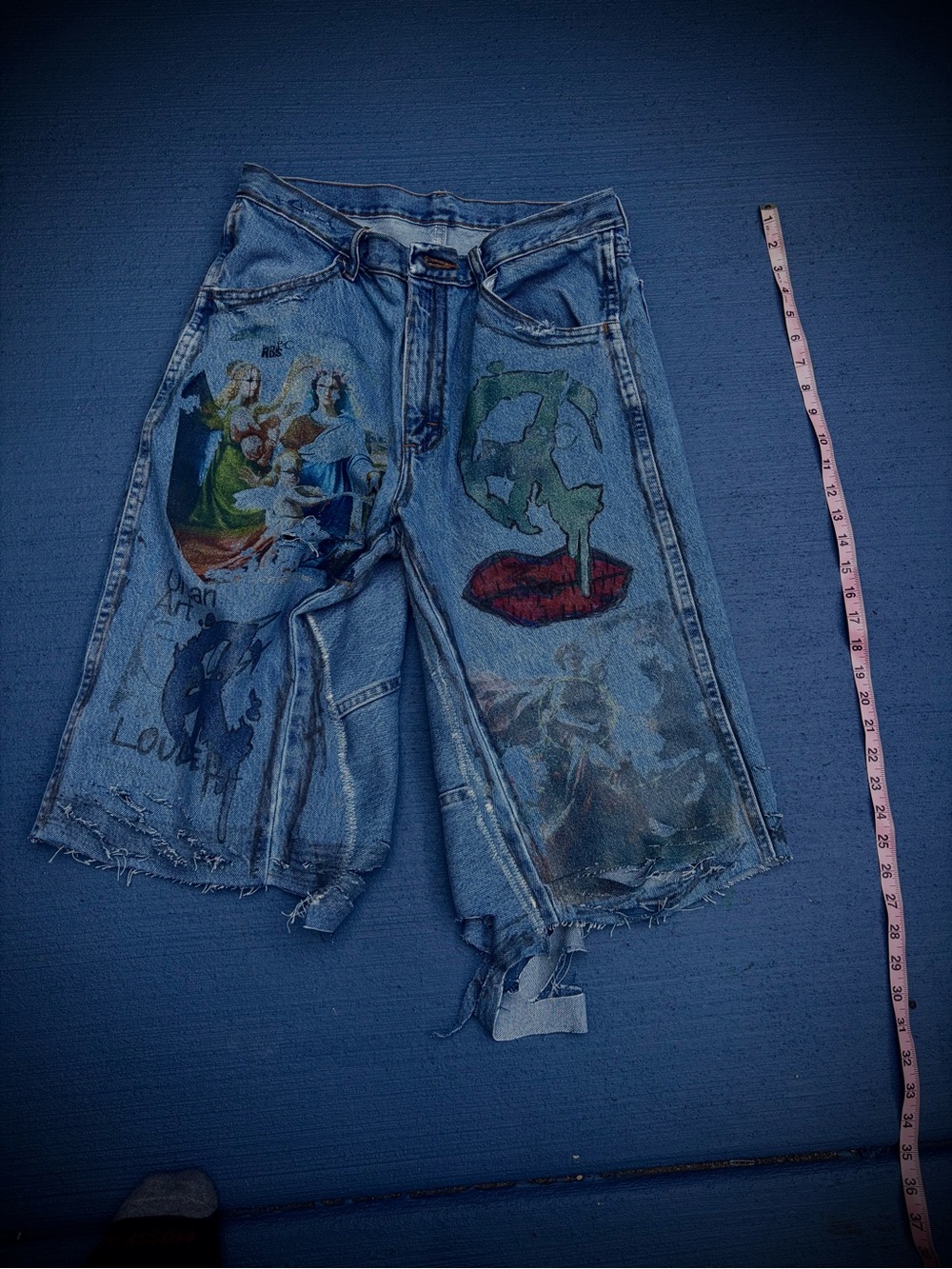 Men's Blue Distressed Jean Shorts with Graphic Art